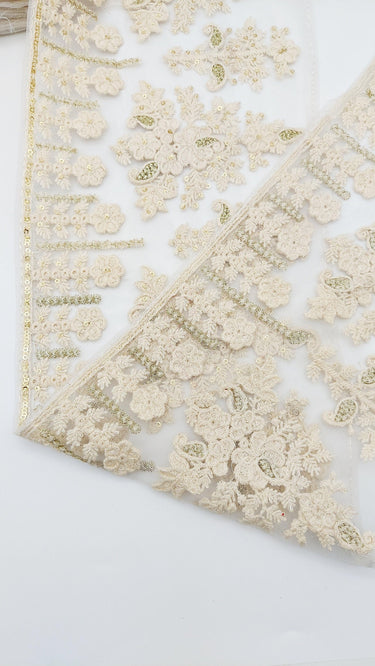 9 Yards Off White Net Lace Trim Floral Embroidery and Gold Sequins, Floral Sari Border, Decorative Trim